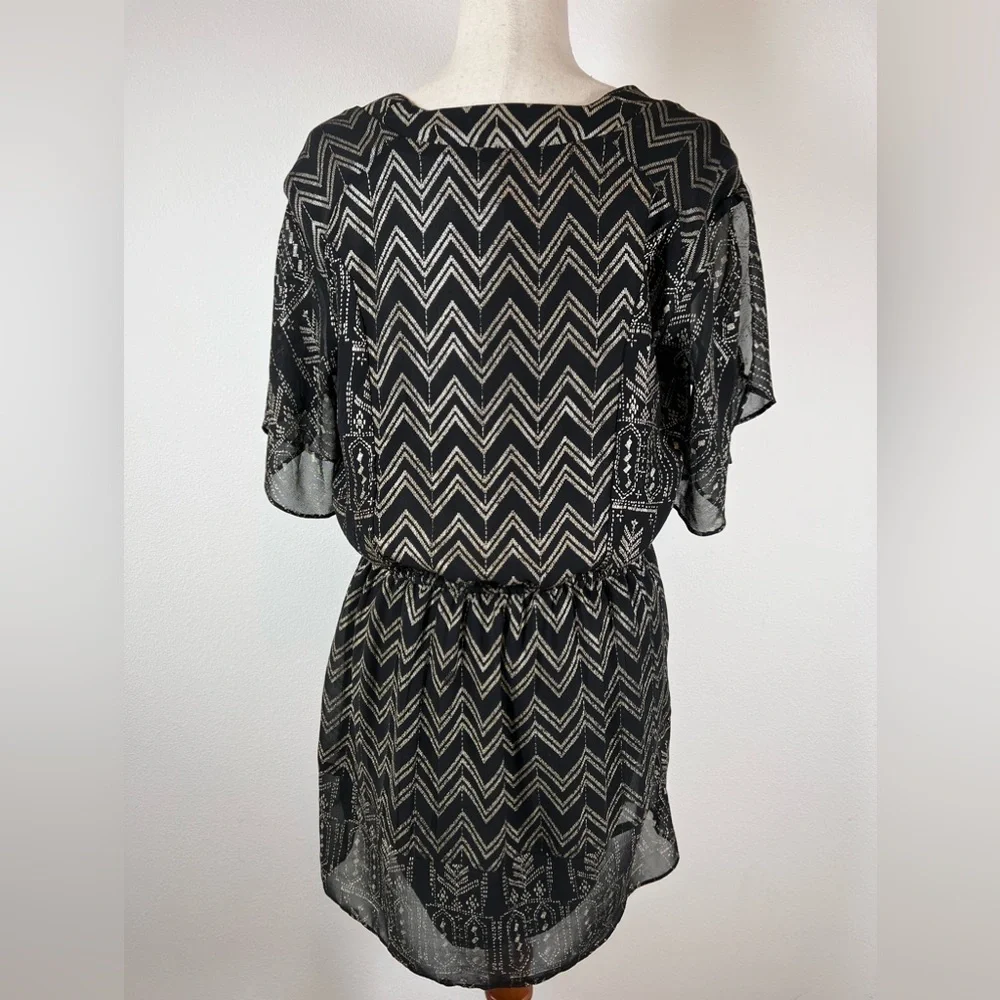 Free People Love My Chaos Tunic Dress Size Small Black Gold Geometric Drawstring